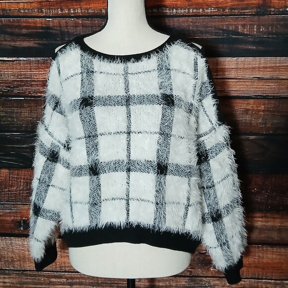 Express Sweater XS Slit Shoulder Black White Plaid Fuzzy Eyelash Knit - Picture 2 of 9